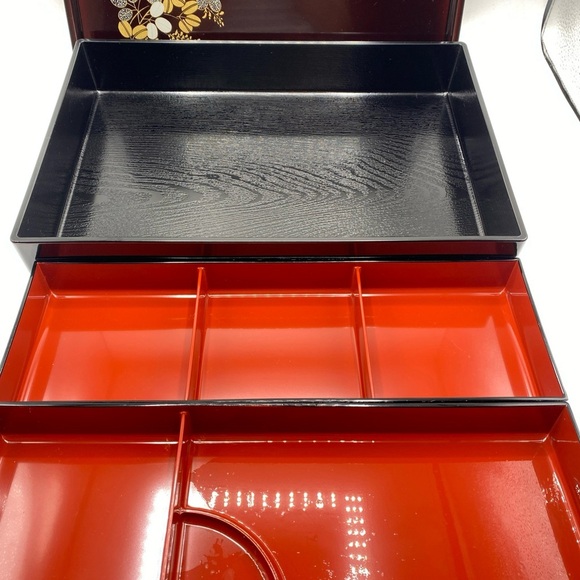 Vintage Japanese Bento Lacquerware 5 Section Divided Lunchbox Rectangle Floral - Picture 3 of 4